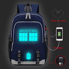 Doctor Who USB Charging Backpack School Note Book Laptop Travel Bags Luminous