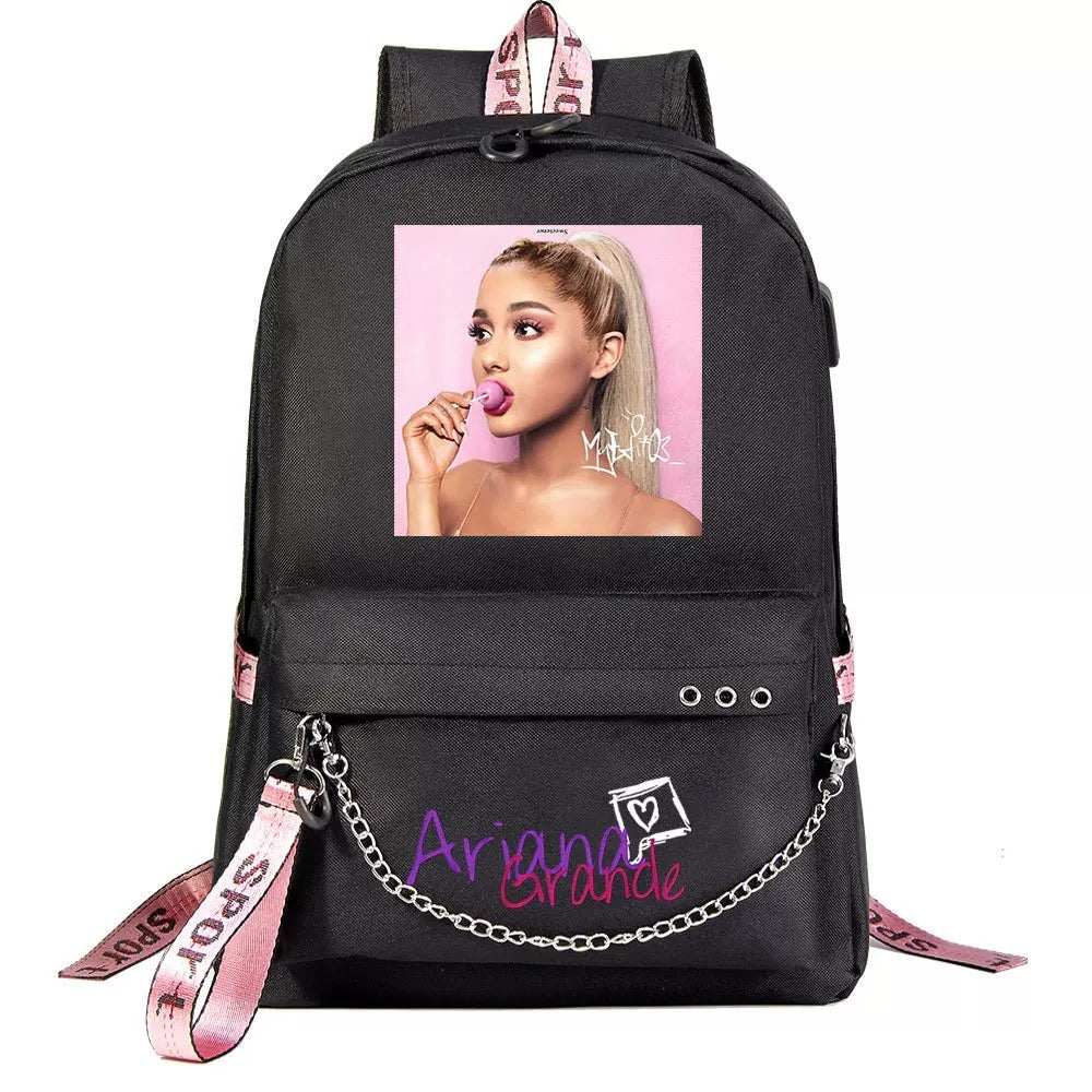 ArianaGrander Singer Shool Bag Backpack USB Charging Students Notebook Bag for Kids Gifts