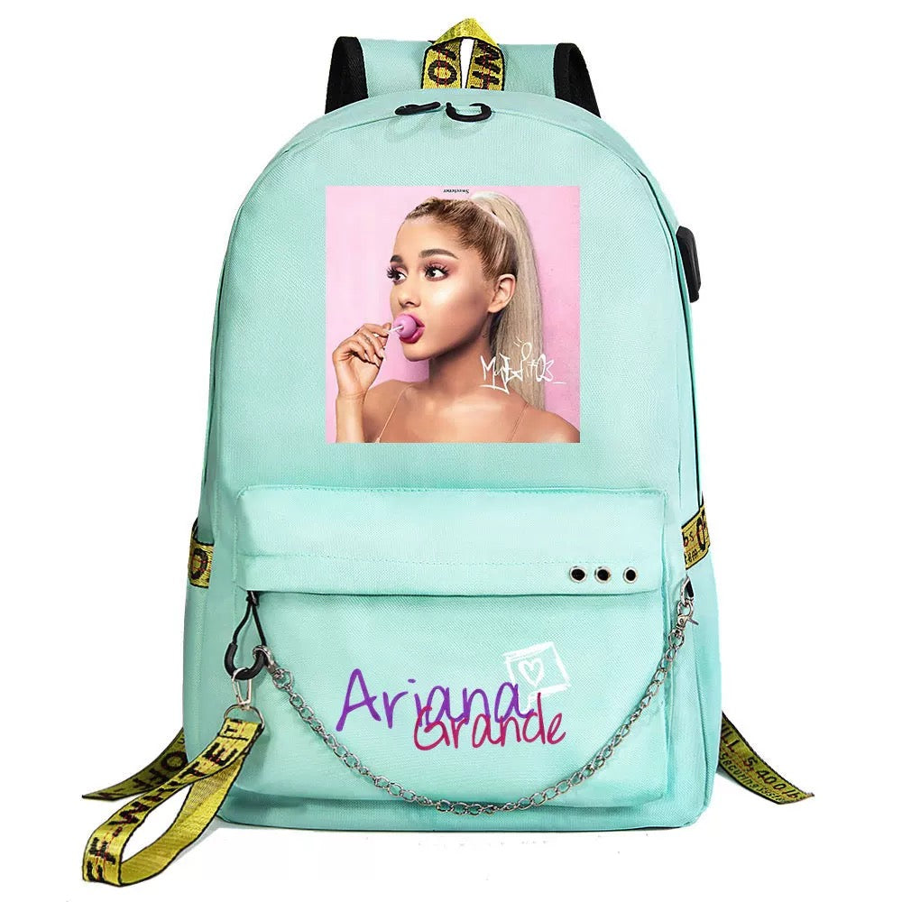 ArianaGrander Singer Shool Bag Backpack USB Charging Students Notebook Bag for Kids Gifts