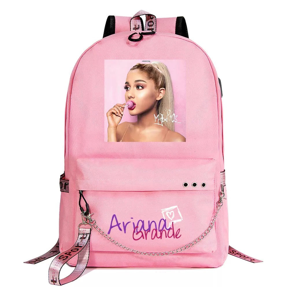 ArianaGrander Singer Shool Bag Backpack USB Charging Students Notebook Bag for Kids Gifts