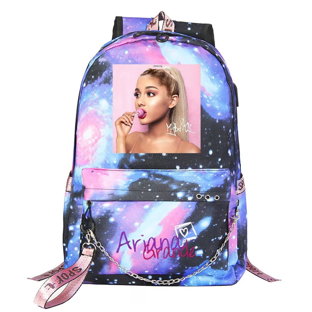 ArianaGrander Singer Shool Bag Backpack USB Charging Students Notebook Bag for Kids Gifts