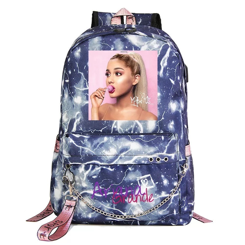 ArianaGrander Singer Shool Bag Backpack USB Charging Students Notebook Bag for Kids Gifts