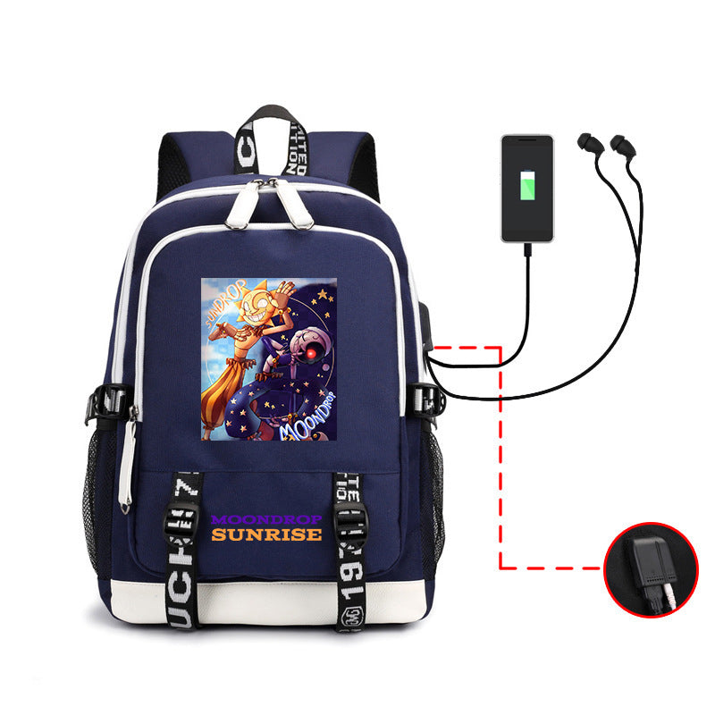 Fnaf Security Breach Sundrop Moondrop USB Charging Backpack School Note Book Laptop Travel Bags